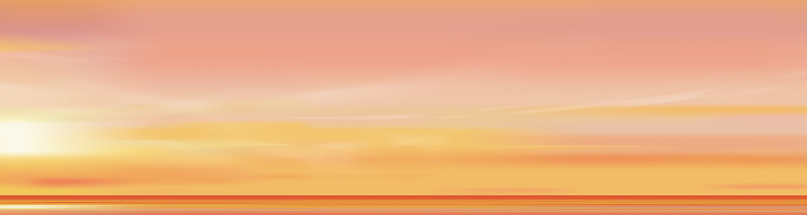 Yellow Sunset Sky Background,Sunrise cloud Orange,Pink in morning Summer,Vector sunny Autumn,Nature landscape field in evening.Winter sunlight,cartoon illustration Horizon Spring sundown by Sea Beach