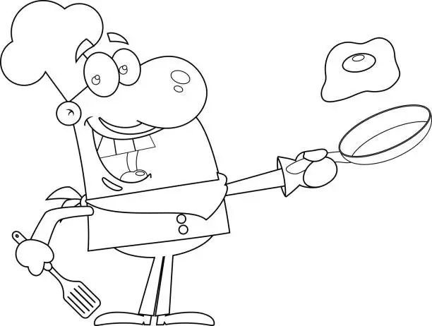 Vector illustration of Outlined Happy Chef Man Cartoon Character Holding A Frying Pan With Egg