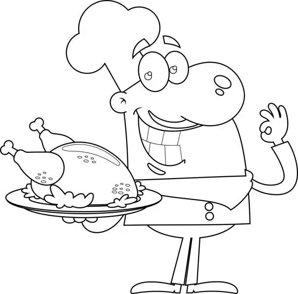 Vector illustration of Outlined Smiling Chef Man Cartoon Character Holding Roasted Chicken