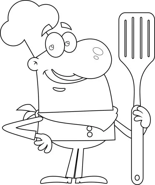 Vector illustration of Outlined Smiling Chef Man Cartoon Character Holding A Big Spatula