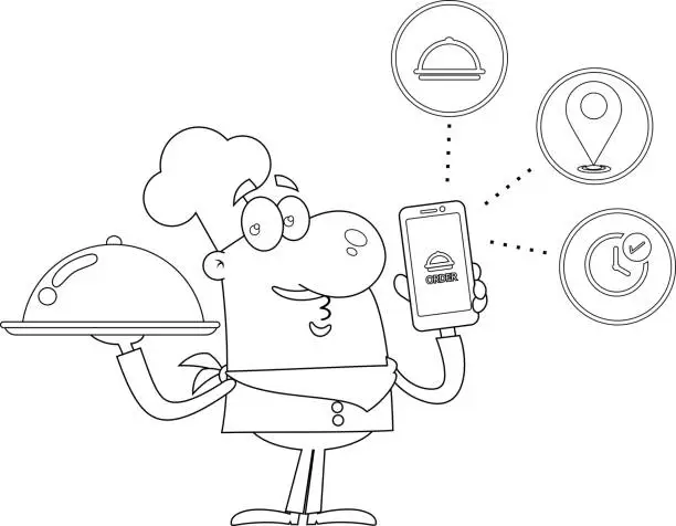 Vector illustration of Outlined Funny Chef Man Cartoon Character With Silver Platter And Smartphone For Order Food Online