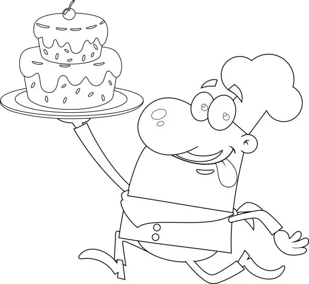 Vector illustration of Outlined Smiling Chef Man Cartoon Character Running  A Tray With Cake