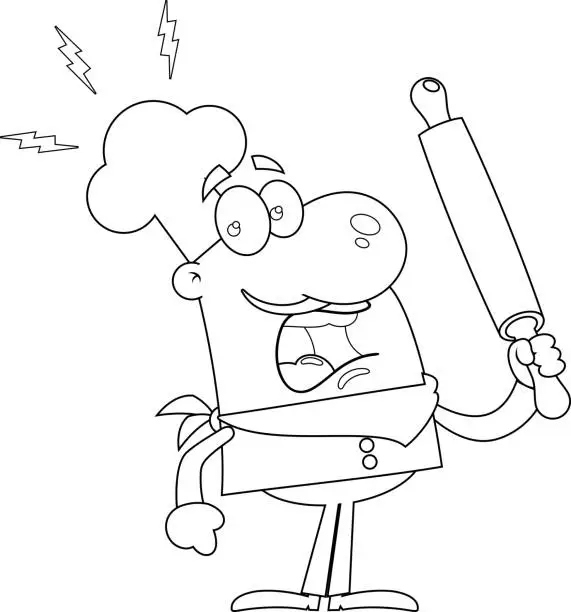 Vector illustration of Outlined Angry Chef Man Cartoon Character Holding A Rolling Pin