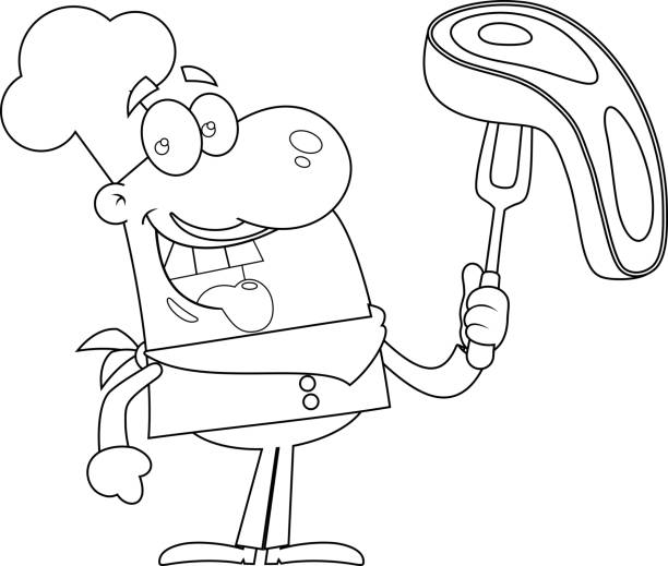 illustrazioni stock, clip art, cartoni animati e icone di tendenza di personaggio dei cartoni animati happy chef man che tiene una bistecca cruda sulla forchetta del barbecue - 16243