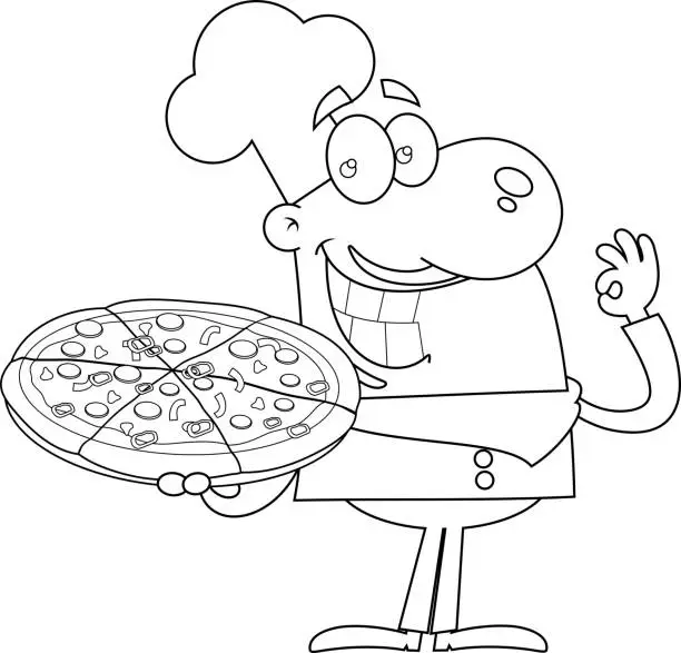 Vector illustration of Outlined Smiling Chef Man Cartoon Character Holding A Pizza And Gesturing Ok