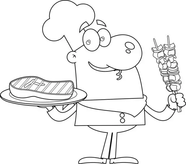 Vector illustration of Outlined Chef Man Cartoon Character Holding A Platter With Grilled Steak And Meat Skewers