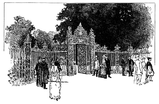 The entrance gate to the gardens at New College in Oxford, Oxfordshire, England. Vintage etching circa 19th century.