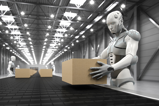 Artificial general intelligence (AGI) humanoid robots performing tasks in a warehouse.
