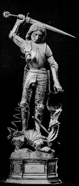 Renaissance silver statue of St. George and the Dragon (dated 1507; artist unknown), part of the silver collection at the original House of the Blackheads in Riga, Latvia. Vintage etching circa 19th century. The building and most of the artifacts inside were destroyed during WWII in 1941. A copy of this statue now adorns the exterior of the rebuilt House of the Blackheads.