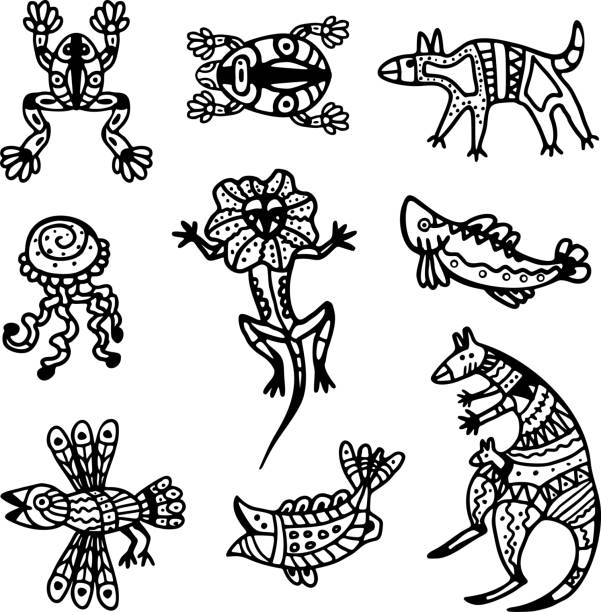 vector tribal animals set in australian aboriginal style - animal aboriginal australian culture grunge stock illustrations