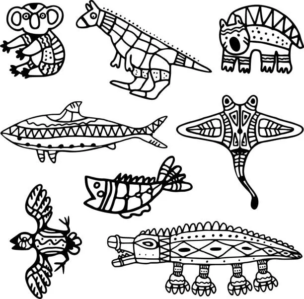 Vector illustration of Vector Tribal Animals Set in Australian Aboriginal Style