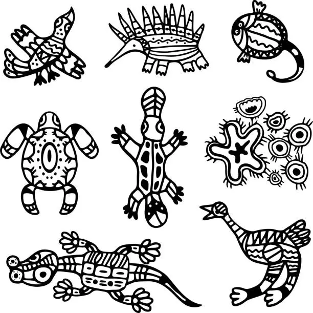 Vector illustration of Vector Tribal Animals Set in Australian Aboriginal Style