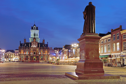 Groningen, The Netherlands, August 4, 2021; Grain exchange building and church tower on the fish market square in the student city of Groningen.