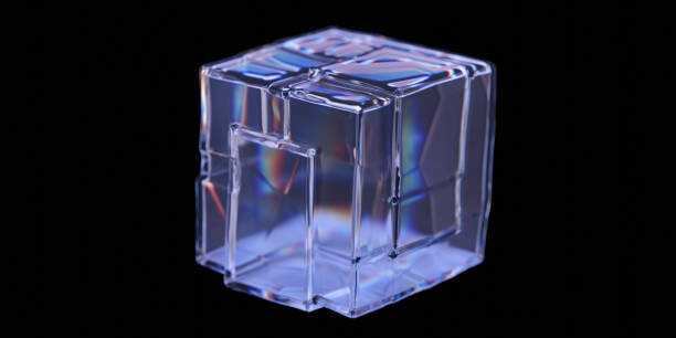istock Abstract dispersion glass cubic shape on black background. Crystal box. 3d rendering 2115343169