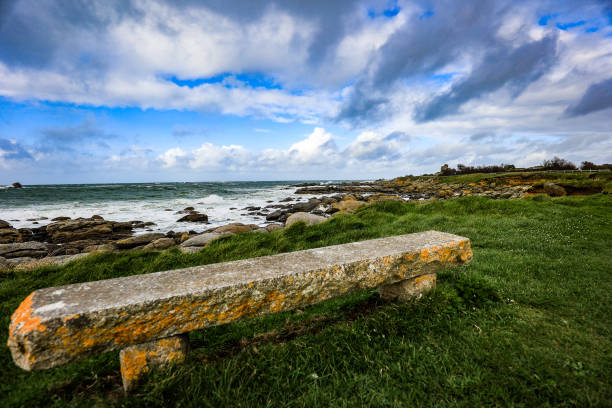 Granite bench by the sea in Brittany for contemplation or meditation