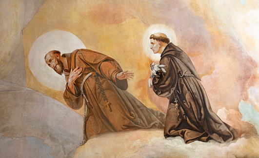 Vicenza - The fresco of St. Francis of Assisi and St. Anthony of Padova in the Glory on the ceiling of church Chiesa di Santa Lucia by Rocco Pittaco (1862).