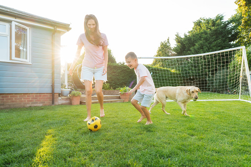 Young mother and son plays soccer with dog and have fun together. Happy family playing football with pet. Fun Playing Games in Backyard Lawn on Sunny Summer Day. Motherhood, childhood, togetherness.
