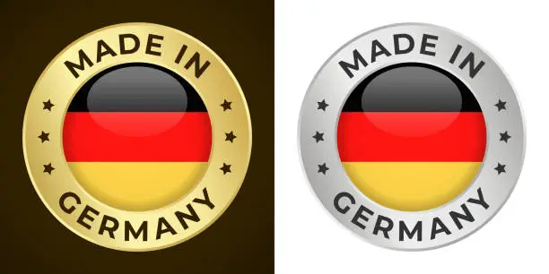 Vector illustration of Made in Germany - Vector Graphics. Round Golden and Silver Label Badge Emblem Set with Flag of Germany and Text Made in Germany. Isolated on White and Dark Backgrounds