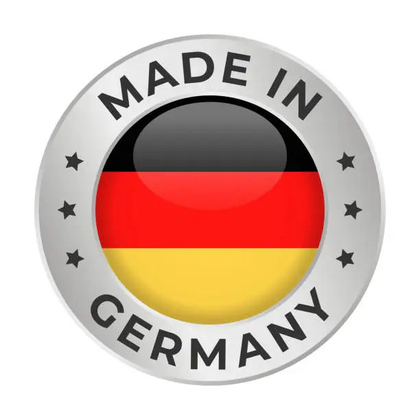 Vector illustration of Made in Germany - Vector Graphics. Round Silver Label Badge Emblem with Flag of Germany and Text Made in Germany. Isolated on White Background