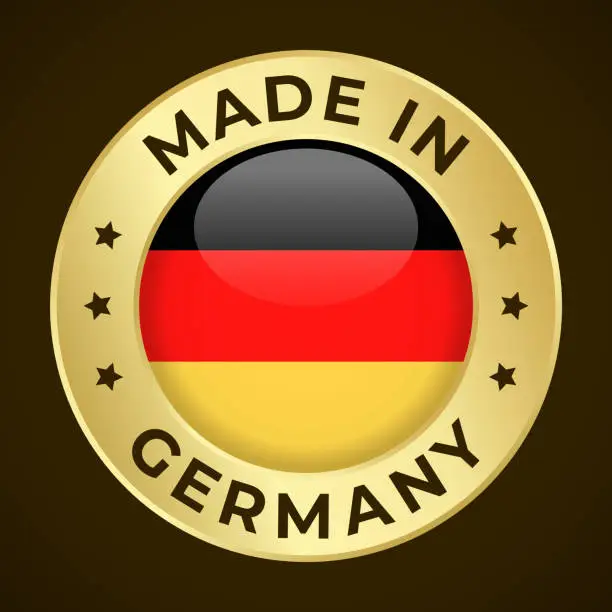 Vector illustration of Made in Germany - Vector Graphics. Round Golden Label Badge Emblem with Flag of Germany and Text Made in Germany. Isolated on Dark Background