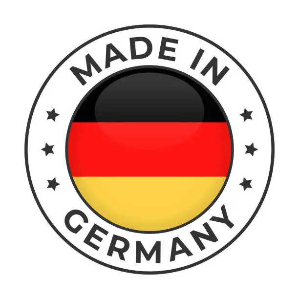 Vector illustration of Made in Germany - Vector Graphics. Round Simple Label Badge Emblem with Flag of Germany and Text Made in Germany. Isolated on White Background