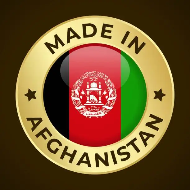 Vector illustration of Made in Afghanistan - Vector Graphics. Round Golden Label Badge Emblem with Flag of Afghanistan and Text Made in Afghanistan. Isolated on Dark Background