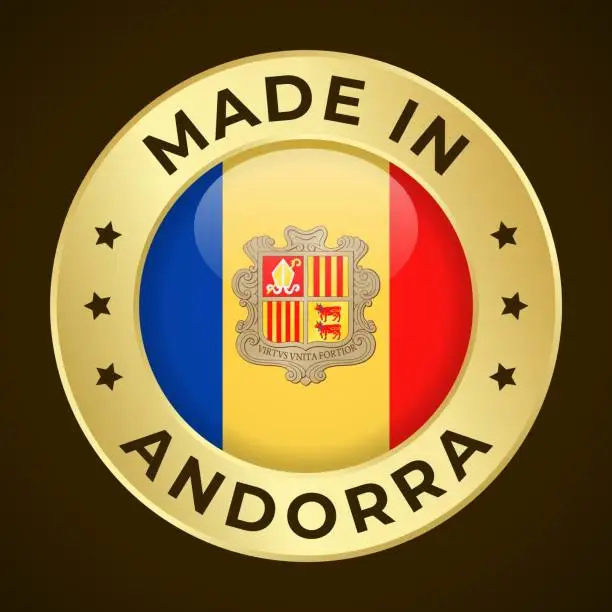 Vector illustration of Made in Andorra - Vector Graphics. Round Golden Label Badge Emblem with Flag of Andorra and Text Made in Andorra. Isolated on Dark Background