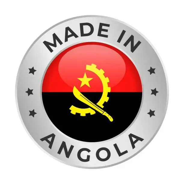 Vector illustration of Made in Angola - Vector Graphics. Round Silver Label Badge Emblem with Flag of Angola and Text Made in Angola. Isolated on White Background