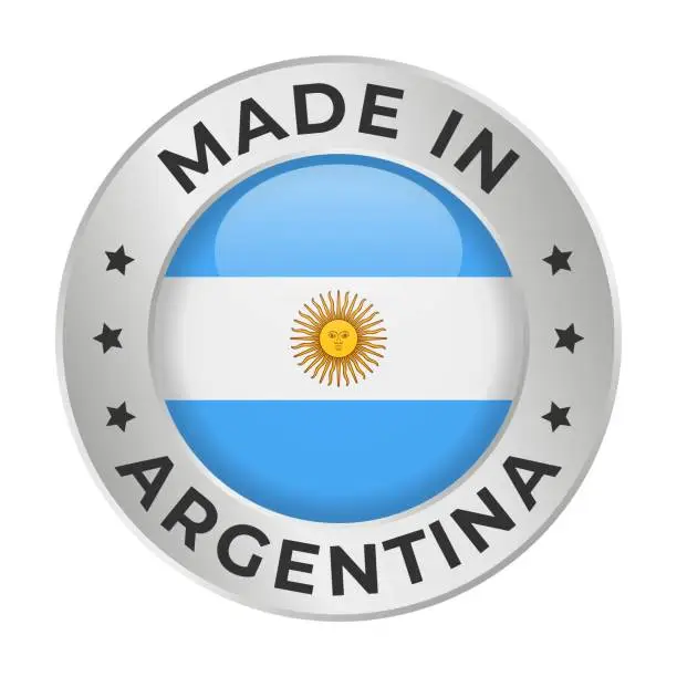 Vector illustration of Made in Argentina - Vector Graphics. Round Silver Label Badge Emblem with Flag of Argentina and Text Made in Argentina. Isolated on White Background