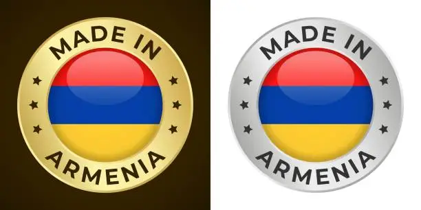 Vector illustration of Made in Armenia - Vector Graphics. Round Golden and Silver Label Badge Emblem Set with Flag of Armenia and Text Made in Armenia. Isolated on White and Dark Backgrounds