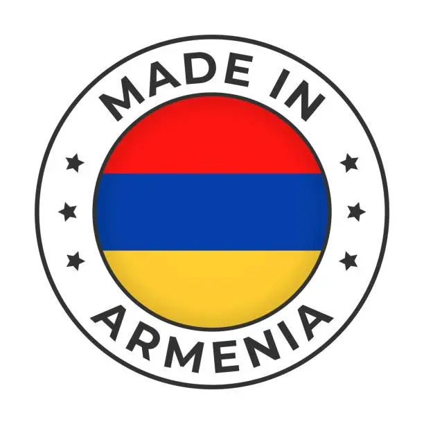 Vector illustration of Made in Armenia - Vector Graphics. Round Simple Label Badge Emblem with Flag of Armenia and Text Made in Armenia. Isolated on White Background