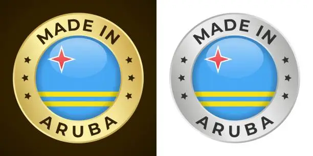 Vector illustration of Made in Aruba - Vector Graphics. Round Golden and Silver Label Badge Emblem Set with Flag of Aruba and Text Made in Aruba. Isolated on White and Dark Backgrounds