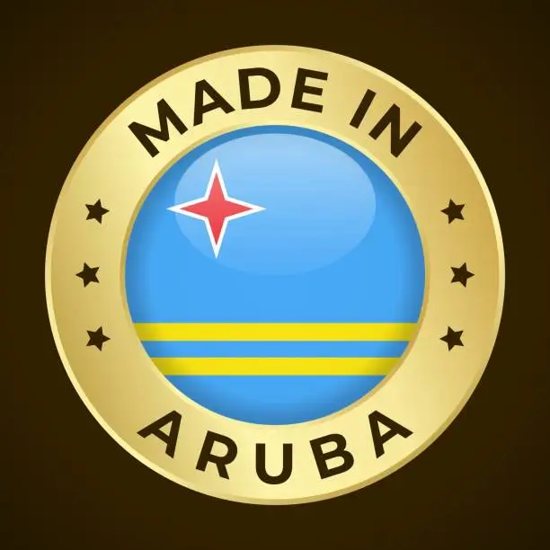 Vector illustration of Made in Aruba - Vector Graphics. Round Golden Label Badge Emblem with Flag of Aruba and Text Made in Aruba. Isolated on Dark Background