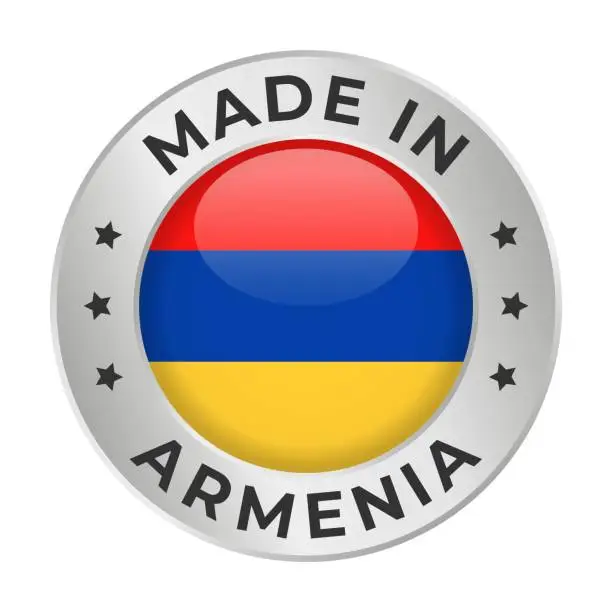 Vector illustration of Made in Armenia - Vector Graphics. Round Silver Label Badge Emblem with Flag of Armenia and Text Made in Armenia. Isolated on White Background