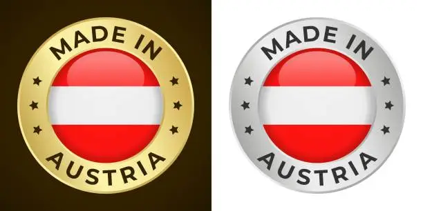 Vector illustration of Made in Austria - Vector Graphics. Round Golden and Silver Label Badge Emblem Set with Flag of Austria and Text Made in Austria. Isolated on White and Dark Backgrounds