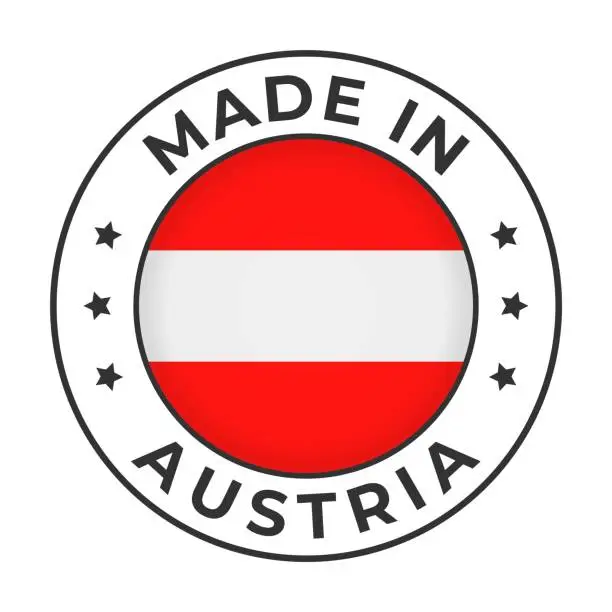 Vector illustration of Made in Austria - Vector Graphics. Round Simple Label Badge Emblem with Flag of Austria and Text Made in Austria. Isolated on White Background