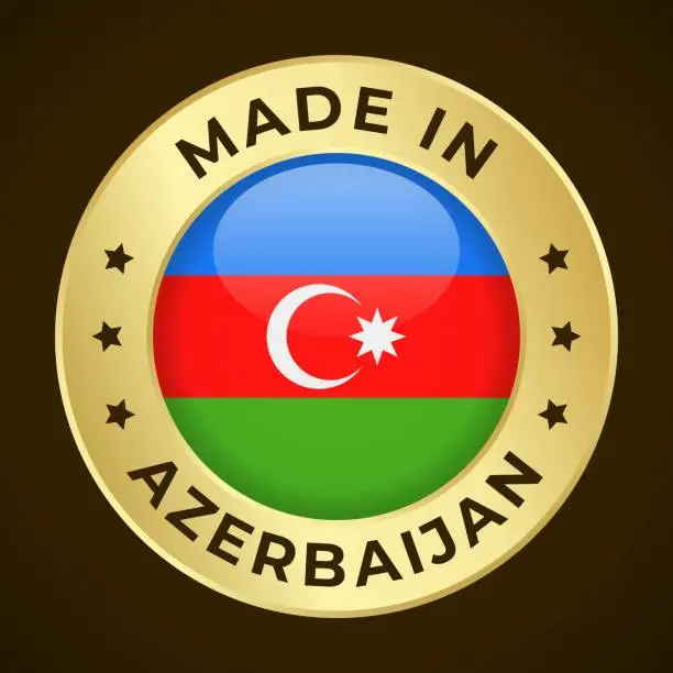 Vector illustration of Made in Azerbaijan - Vector Graphics. Round Golden Label Badge Emblem with Flag of Azerbaijan and Text Made in Albania. Isolated on Dark Background