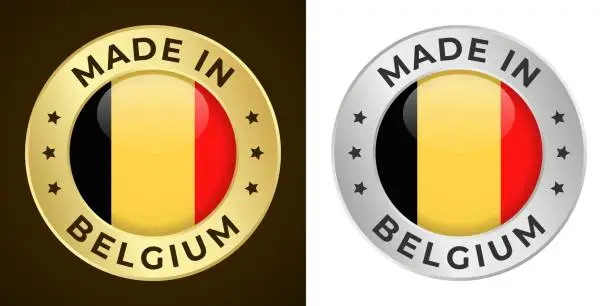 Vector illustration of Made in Belgium - Vector Graphics. Round Golden and Silver Label Badge Emblem Set with Flag of Belgium and Text Made in Belgium. Isolated on White and Dark Backgrounds