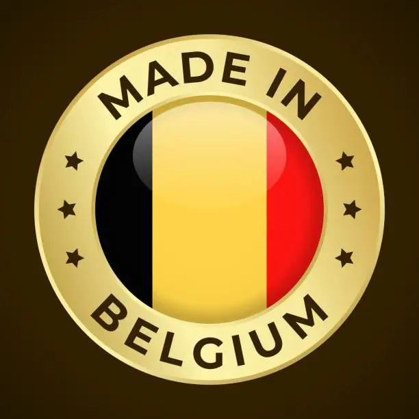 Vector illustration of Made in Belgium - Vector Graphics. Round Golden Label Badge Emblem with Flag of Belgium and Text Made in Albania. Isolated on Dark Background