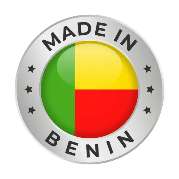 Vector illustration of Made in Benin - Vector Graphics. Round Silver Label Badge Emblem with Flag of Benin and Text Made in Benin. Isolated on White Background