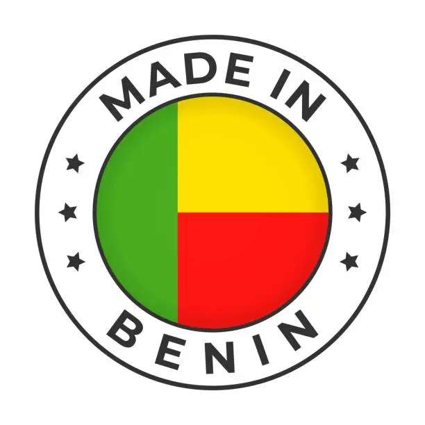 Vector illustration of Made in Benin - Vector Graphics. Round Simple Label Badge Emblem with Flag of Benin and Text Made in Benin. Isolated on White Background