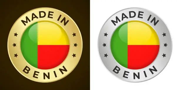 Vector illustration of Made in Benin - Vector Graphics. Round Golden and Silver Label Badge Emblem Set with Flag of Benin and Text Made in Benin. Isolated on White and Dark Backgrounds