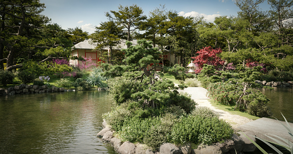 Digitally generated tranquil Japanese Garden that showcases meticulous landscaping with lush greenery, vibrant flora, and a calm pond. A stone path crosses the water, leading to a traditional pavilion. The scene embodies harmony and reflects the quiet beauty of nature in a carefully curated space.

The scene was created in Autodesk® 3ds Max 2024 with V-Ray 6 and rendered with photorealistic shaders and lighting in Chaos® Vantage with some post-production added.