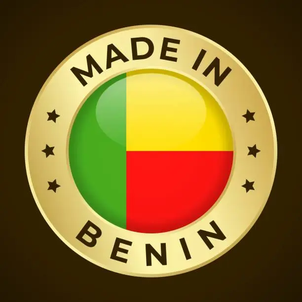 Vector illustration of Made in Benin - Vector Graphics. Round Golden Label Badge Emblem with Flag of Benin and Text Made in Albania. Isolated on Dark Background