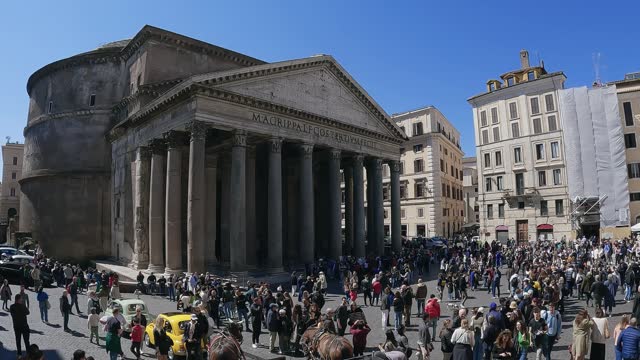 Aerial drone shot of Pantheon and piazza della Rotonda in Rome, Italy. Ancient Roman architecture masterpiece, it was the temple of all the gods. Rome Pantheon is one of the best known landmarks of Rome and Italy.
