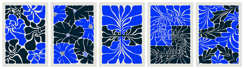 Set groovy abstract flower poster, Minimal floral art prints Fauvist style inspired, Organic doodle shapes in trendy naive retro style, Funky botanic vector illustrations in blue colors