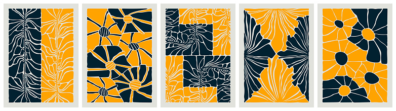 Set groovy abstract flower poster, Minimal floral art prints Fauvist style inspired, Organic doodle shapes in trendy naive retro style, Funky botanic vector illustrations in yellow colors