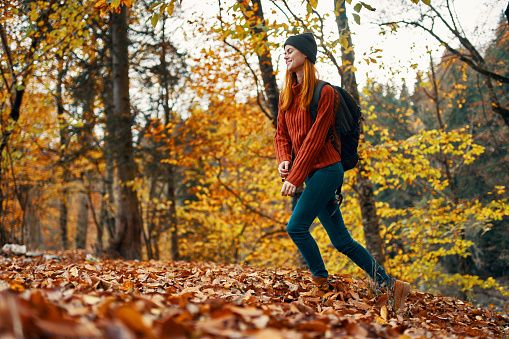 beautiful woman with a backpack in the park on nature landscape fallen leaves bottom view. High quality photo