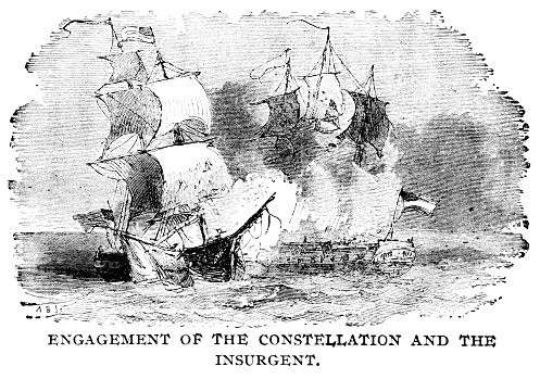 USS Constellation  captures L'Insurgente, a French ship, in a battle at sea February 9, 1899. Illustration published 1895. Copyright has expired and is in Public Domain.