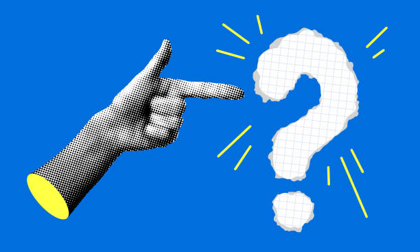 ilustraciones, imágenes clip art, dibujos animados e iconos de stock de collage moderno con mano señalando y signo de interrogación - pregunta y respuesta